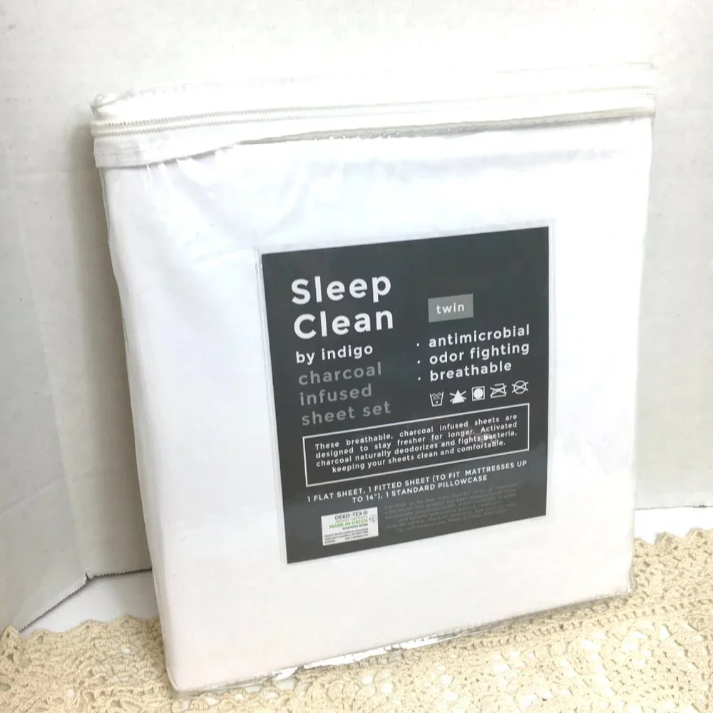 Indigo 3 pc Sheet Set Sleep Clean Twin White Charcoal Infused NWOT